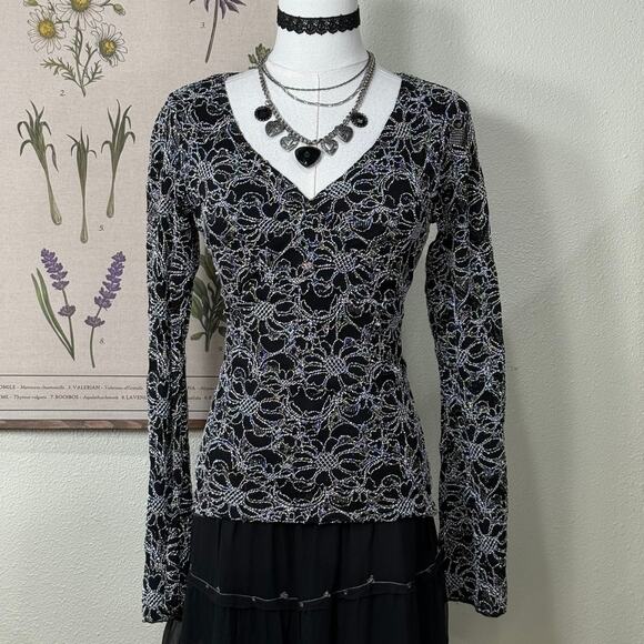 90s Y2k Floral Metallic Flare Sleeve Top Whimsigoth Romantic Goth Dark Fairy M - Picture 2 of 7